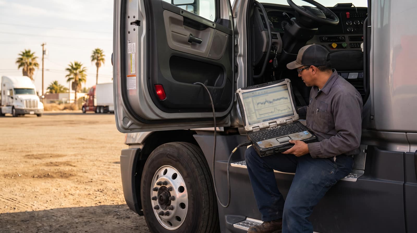 Technician reading emissions data on a diagnostic laptop connected to a diesel truck