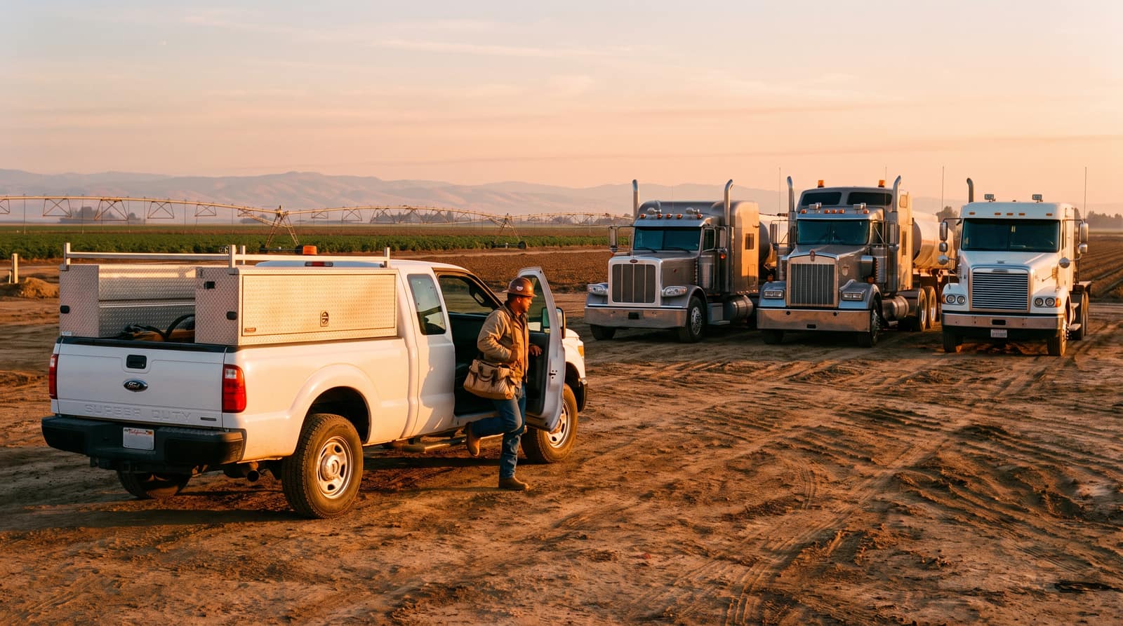 Service truck arriving at a customer's yard with semi trucks lined up at sunrise