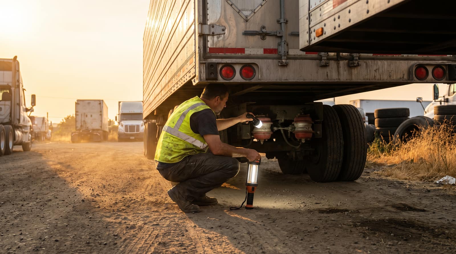 Inspector checking the brake chambers and lights under a semi trailer at sunset