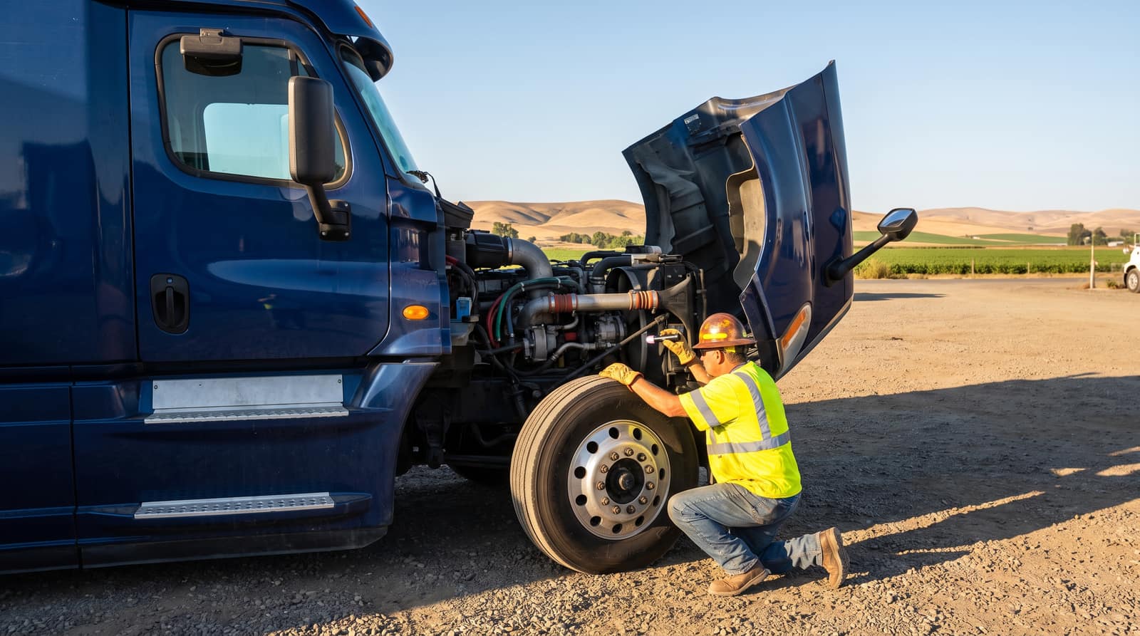Inspector checking the engine bay of a semi truck in a Central Valley yard