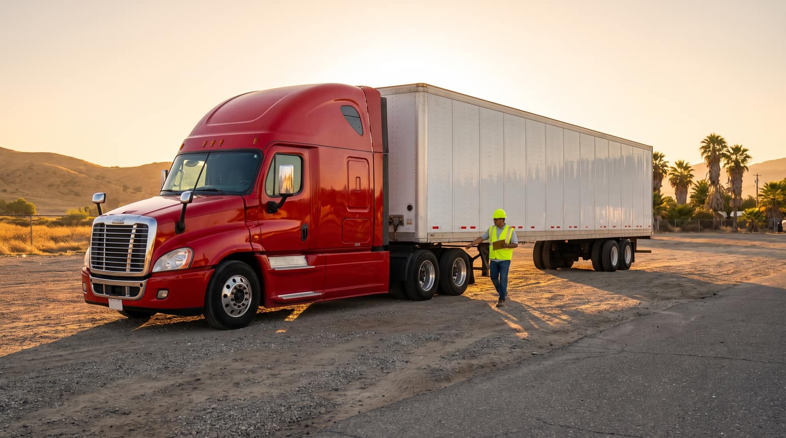 Inspector doing a walkaround of a full tractor-trailer rig in a sunlit yard